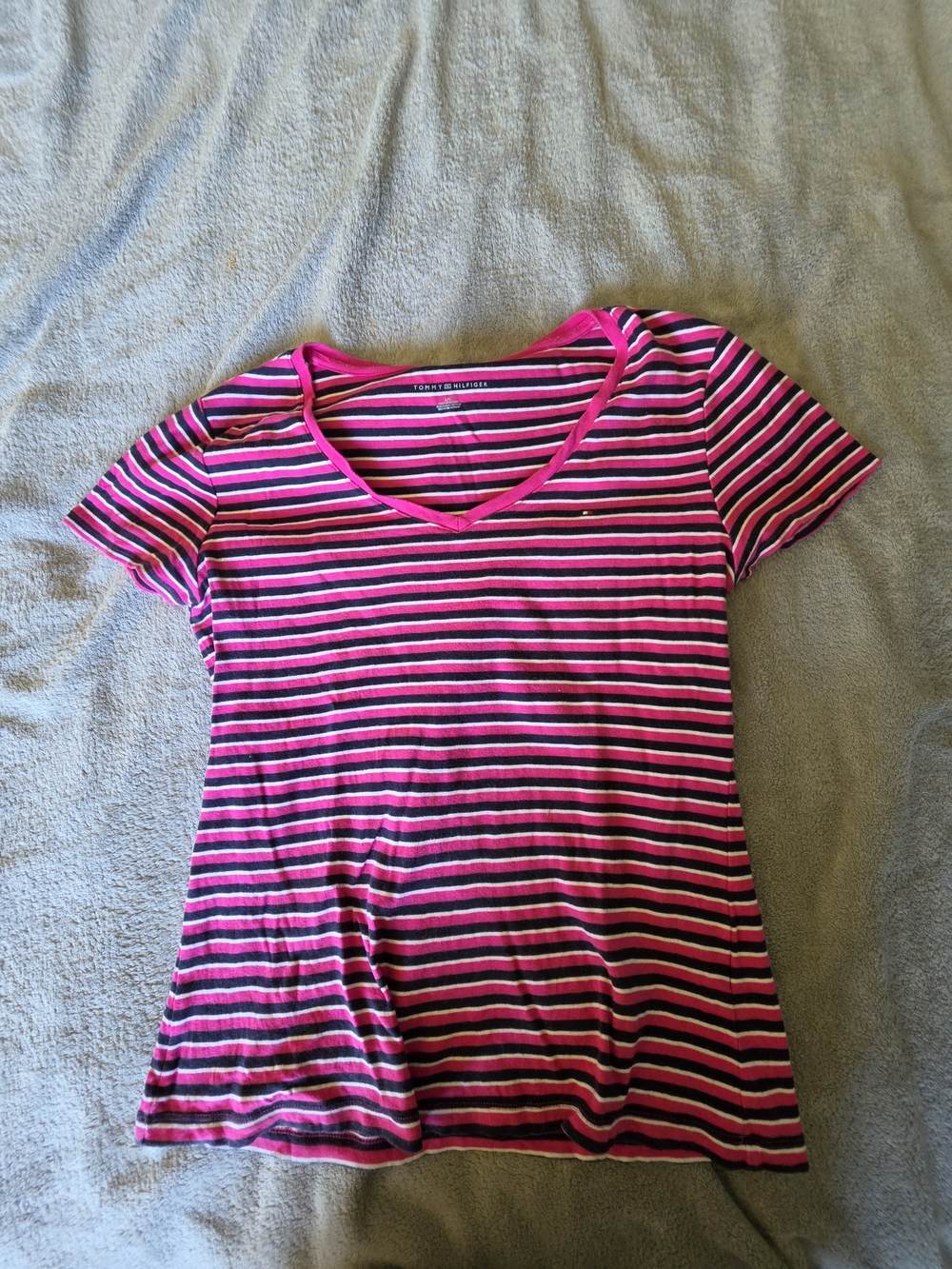 Tommy Hilfiger Pink & Black Striped V-Neck Tee
